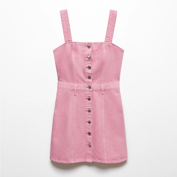 Mango pastel powder pink denim button mini dress - size 6 (Medium) - Picture 4 of 6